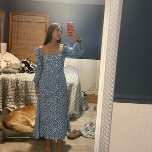 Reformation Blue Sundress with Square Neck and Puff Sleeves